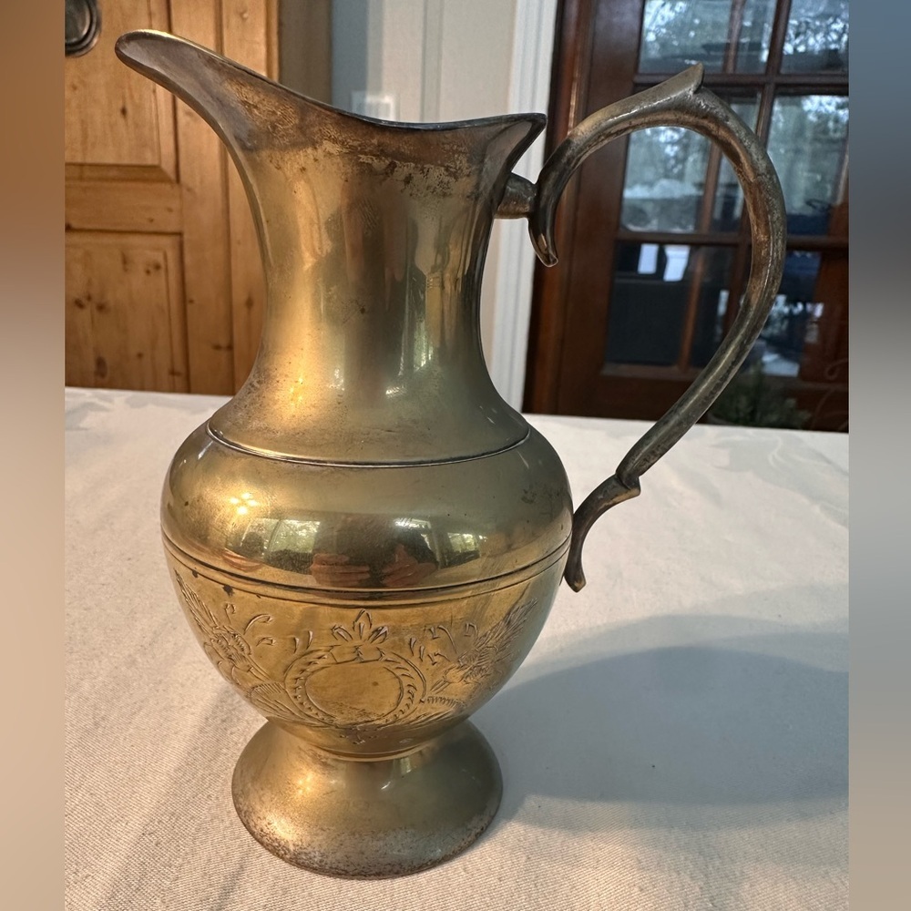 Vintage Brass Water Pitcher from India w/Etched Design